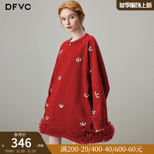 dfvc新年红色钉珠圆领卫衣裙女2025秋季新款网纱加绒长袖连衣裙