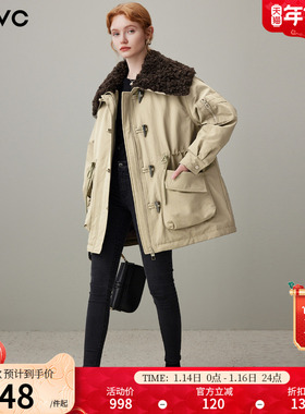 dfvc大翻领中长款羽绒服女2025年冬季新款牛角扣白鸭绒保暖派克服