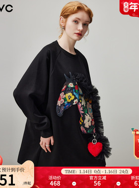 dfvc设计感中长款圆领套头卫衣女2025年冬季新款小马加厚长袖T恤