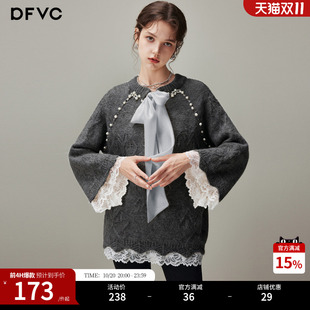 dfvc慵懒风中长款圆领毛衣女2026年冬季新款飘带宽松软糯针织衫