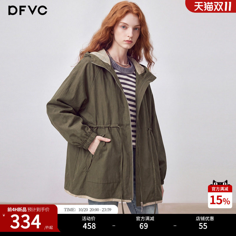 dfvc天丝复古中长款风衣外套女2026新款秋季小个子亚麻连帽外套