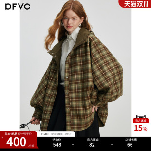 dfvc英伦复古格子连帽风衣短款女26秋季新款蝙蝠袖双面穿外套上衣