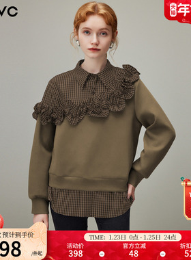 dfvc设计感假两件格子衬衫拼接卫衣女2025年冬季新款短款休闲上衣