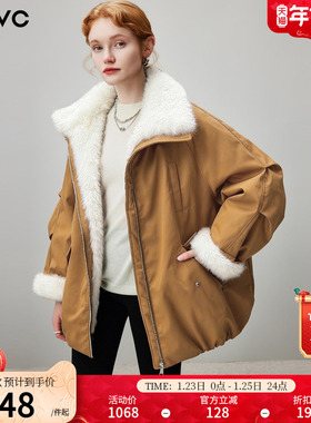 dfvc仿羊羔毛领派克服羽绒服女2025年冬季新款工装白鸭绒加厚外套