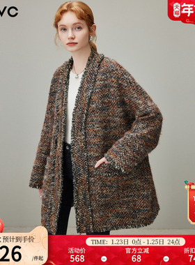dfvc复古V领中长款毛呢外套女2025年冬季新款流苏宽松粗花呢大衣