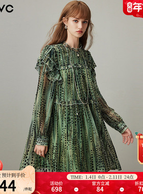 dfvc度假风豹纹波点连衣裙女2026年春季新款荷叶边小个子娃娃裙子