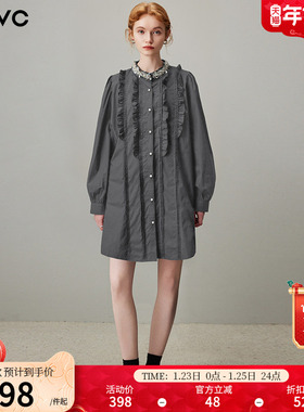 dfvc灰色纯棉长袖衬衫裙女2026年春季新款钉珠木耳边显瘦连衣裙子