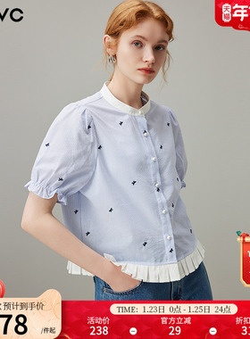 dfvc韩系甜美蓝色条纹衬衫女2025年夏季新款泡泡袖小个子短款衬衣