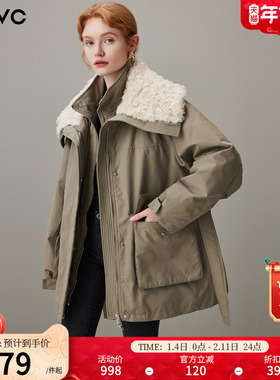 dfvc仿羊羔毛大翻领中长款羽绒服女2025冬季新款白鸭绒工装派克服