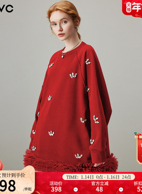 dfvc新年红色钉珠圆领卫衣裙女2026春季新款网纱加绒长袖连衣裙
