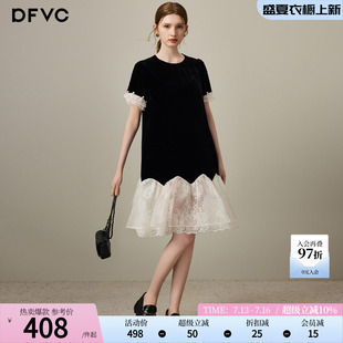 dfvc复古名媛人丝丝绒连衣裙女2026年夏季新款蕾丝拼接小个子裙子