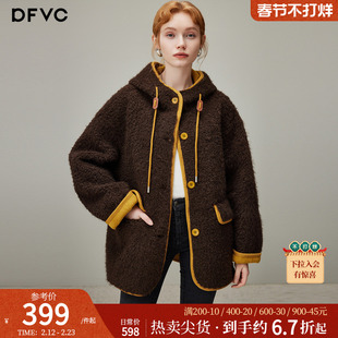 dfvc复古仿羊羔毛短款外套女2025年冬季新款宽松连帽加厚保暖上衣