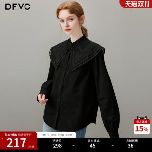dfvc黑色纯棉法式减龄娃娃领长袖衬衫女2026年秋季新款宽松上衣