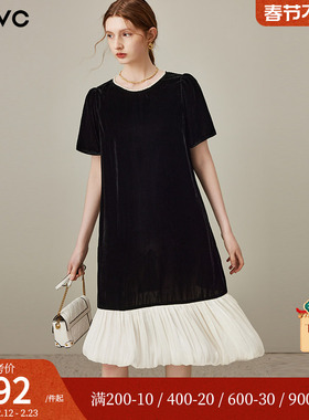 dfvc人丝黑色复古丝绒连衣裙女2025年夏季新款撞色拼接中长款裙子