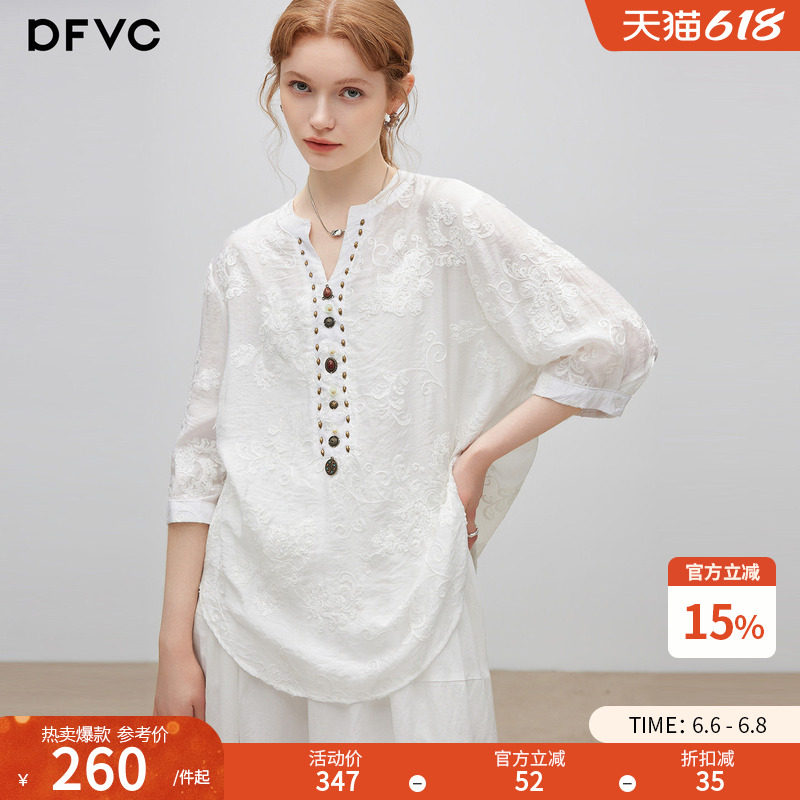 dfvc度假风复古刺绣衬衫V领