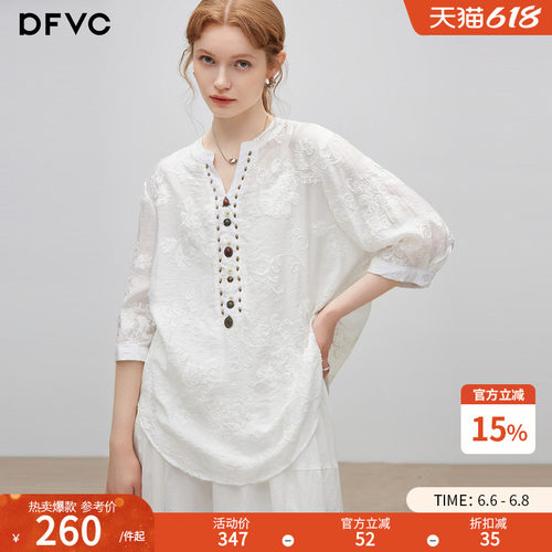 dfvc度假风复古刺绣衬衫V领