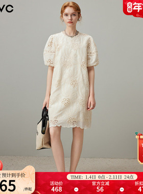 dfvc纯棉法式泡泡袖连衣裙女2026年春季新款刺绣镂空小个子直筒裙