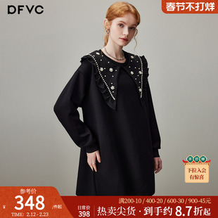 dfvc黑色休闲减龄娃娃领卫衣裙女2025冬季新款圆领宽松长袖连衣裙