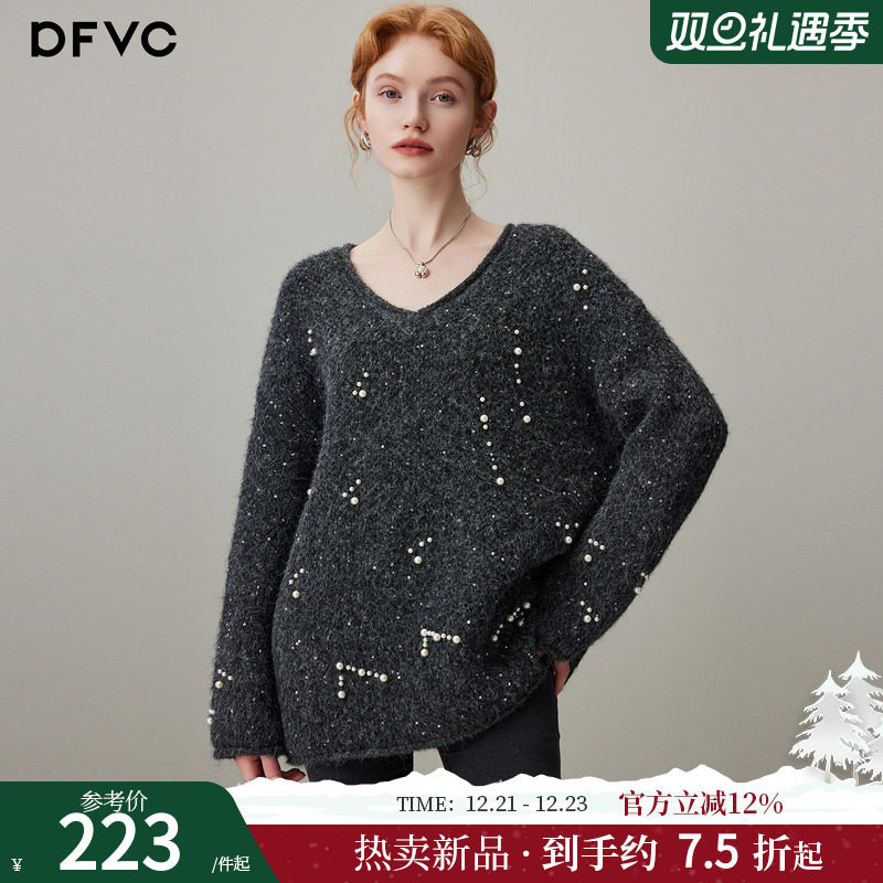 dfvc羊毛慵懒风V领毛衣短款