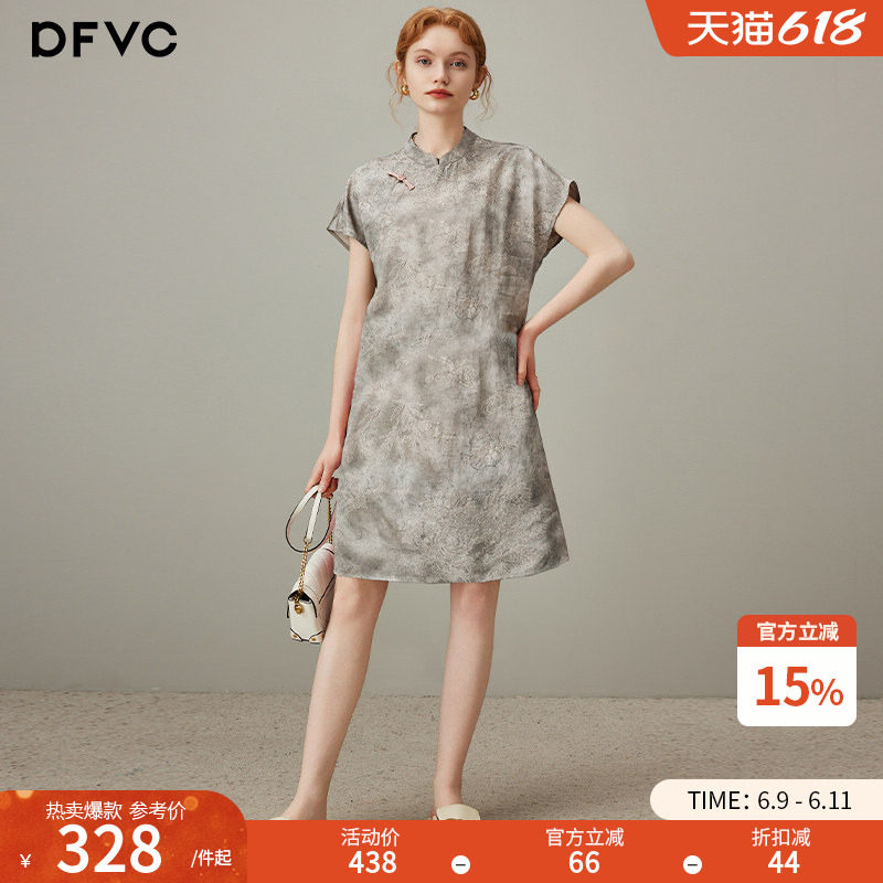 dfvc人丝新中式国风印花连衣裙