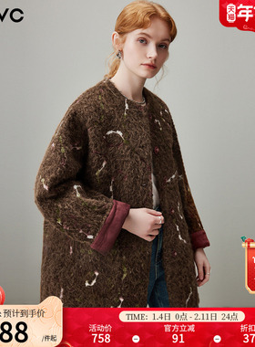dfvc复古中长款毛呢外套女2025年冬季新款拉毛宽松小个子圆领大衣