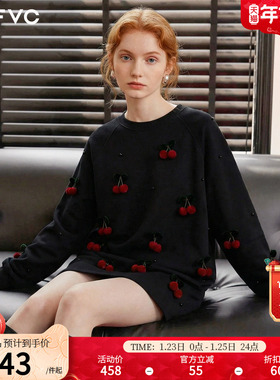 dfvc黑色休闲百搭圆领卫衣女2026年春季新款立体装饰宽松中长上衣