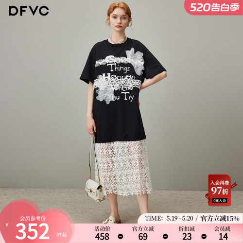 dfvc设计感蕾丝拼接T恤连衣裙
