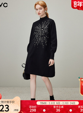 dfvc黑色重工钉珠针织连衣裙女2025年冬季新款半高领毛衣裙打底裙