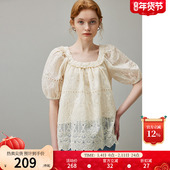 天丝娃娃衫 dfvc法式 薄 夏季 方领钉珠泡泡袖 绣花镂空衬衫 女2025新款