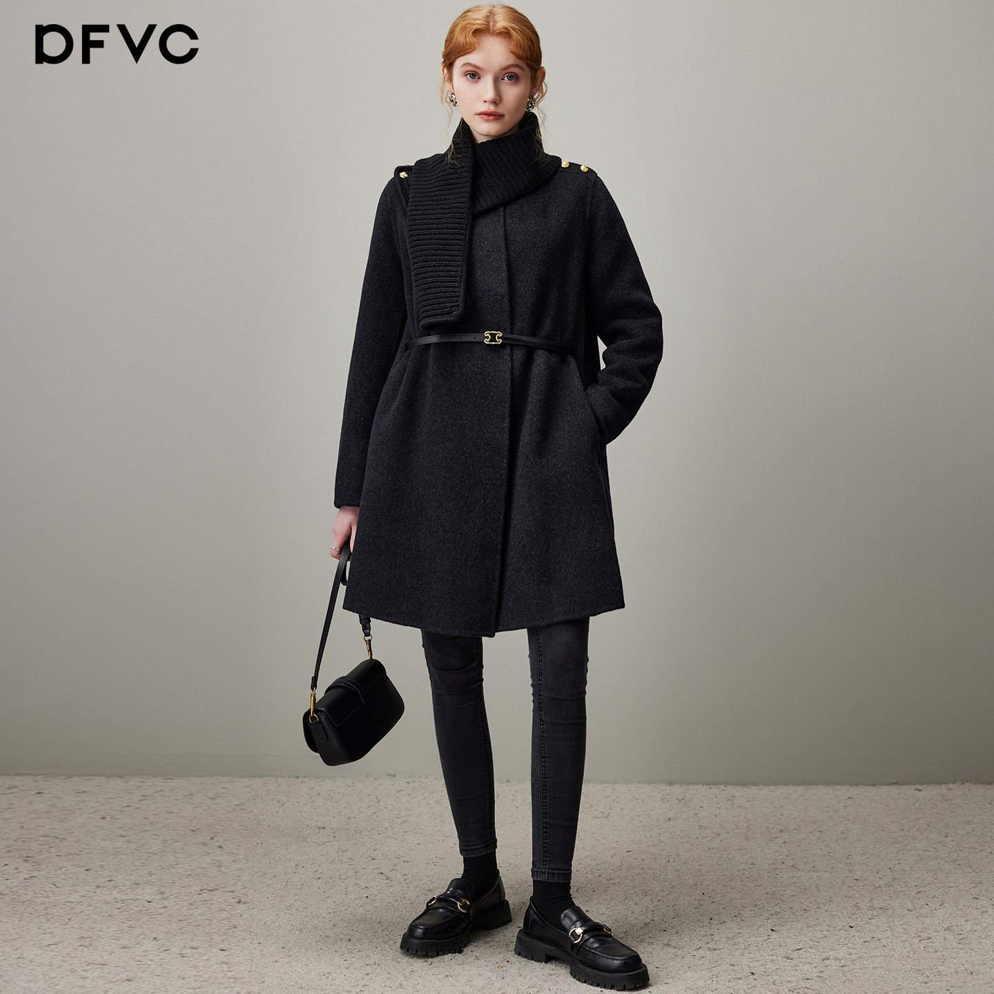 dfvc韩系中长款羊毛呢外套女2025冬季新款围脖双面呢斗篷羊绒大衣