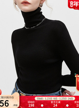 dfvc全羊毛无缝一体黑色高领软糯毛衣女秋季堆堆领内搭打底针织衫