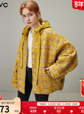 dfvc时尚短款连帽格子毛呢外套女2025年冬季新款宽松仿羊羔毛外套