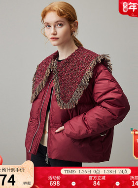 dfvc法式红色短款羽绒服女冬季2025新款娃娃领小个子白鸭绒外套厚