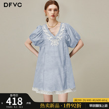 dfvc苎麻复古绣花V领衬衫裙女2025年夏季新款小个子宽松连衣裙薄