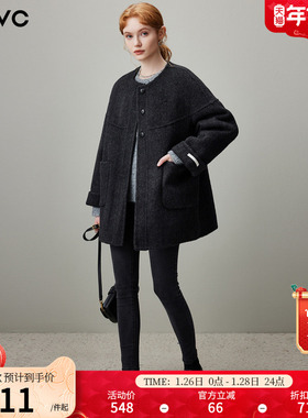 dfvc黑色中长款羊毛呢外套女2025年冬季新款圆领小个子双面呢大衣
