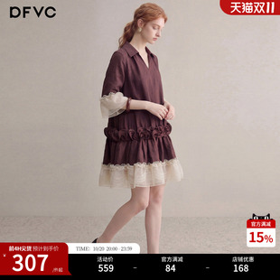 dfvc亚麻复古V领衬衫裙女2026年秋季新款荷叶边小个子宽松连衣裙