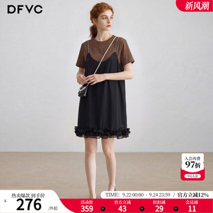 dfvc韩版休闲假两件拼接T恤裙女2026年夏季新款荷叶边宽松连衣裙