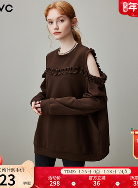 dfvc韩系露肩圆领套头卫衣女2025年冬季新款木耳边宽松休闲上衣潮