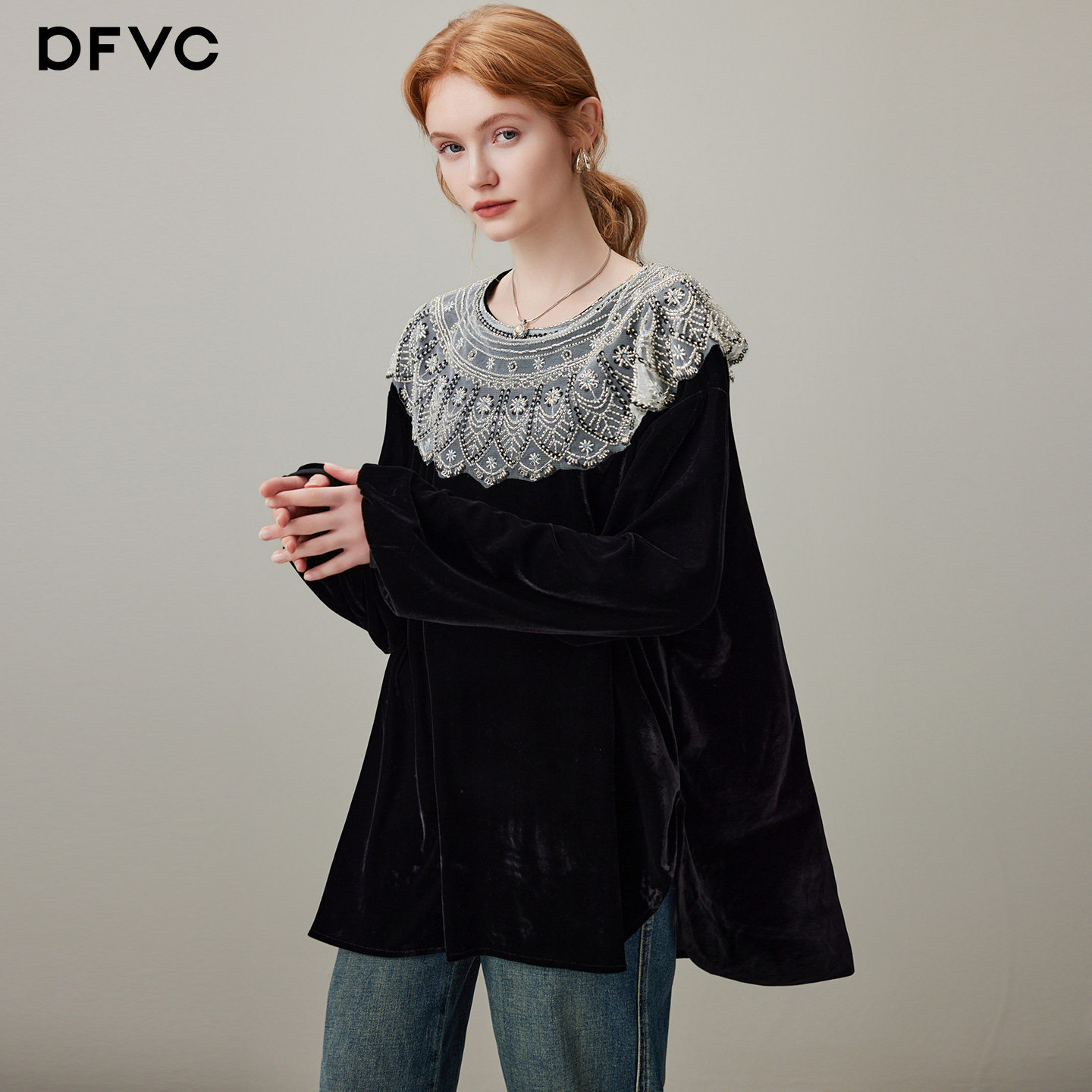 dfvc黑色复古丝绒长袖衬衫女2025年冬季新款荷叶边宽松内搭上衣