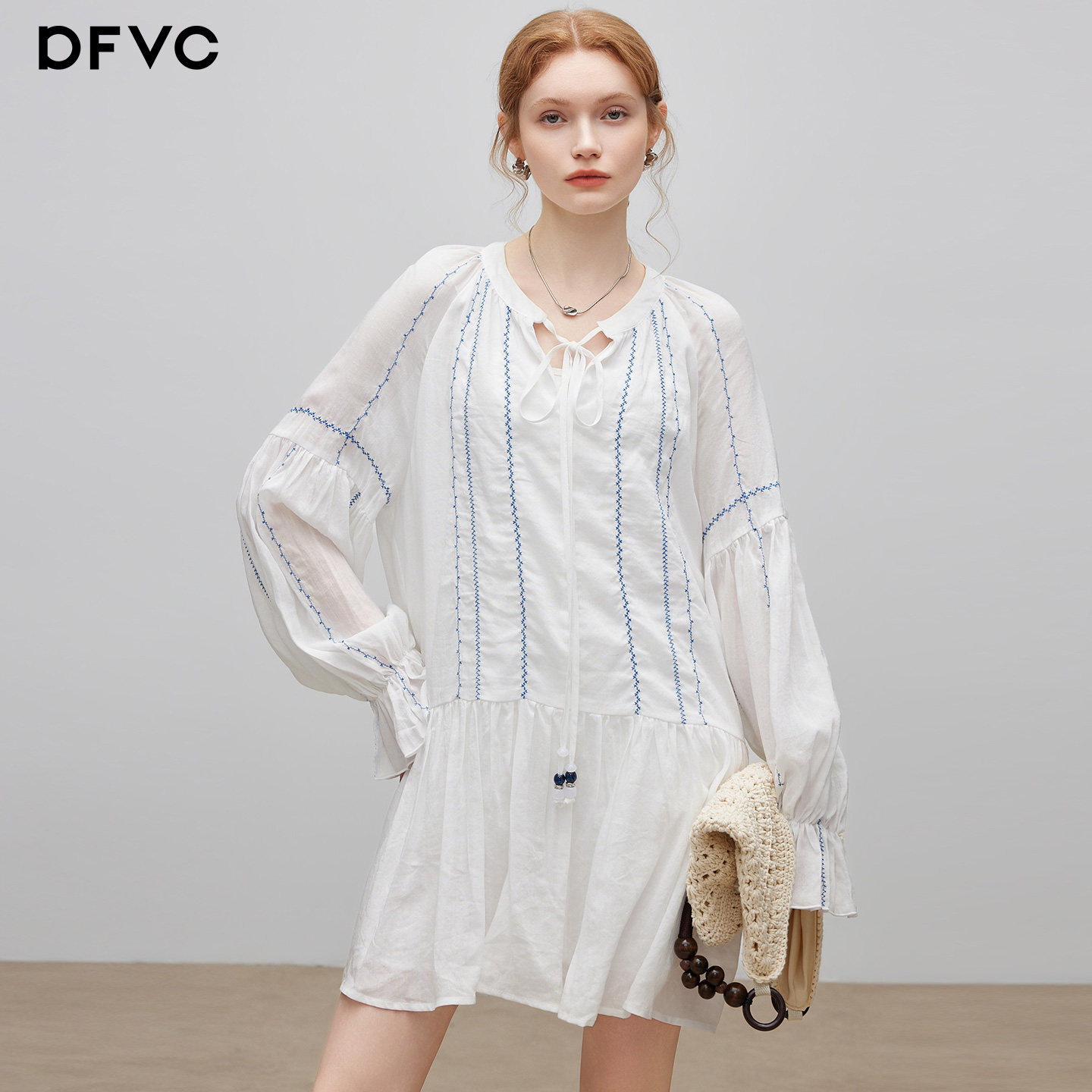dfvc人丝苎麻白色长袖衬衫裙