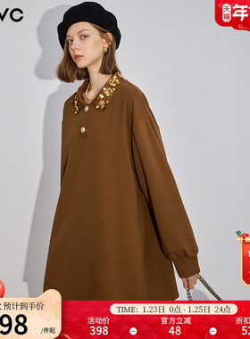 dfvc美拉德棕休闲卫衣裙女2026年春季新款钉珠POLO领小个子连衣裙