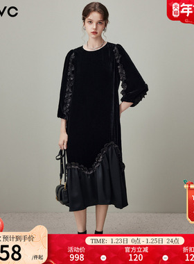 dfvc黑色复古桑蚕丝真丝丝绒连衣裙女2026年春季新款宽松拼接长裙