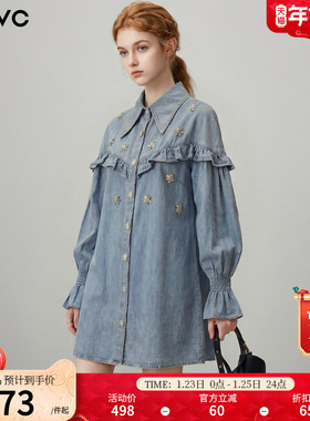 dfvc蓝色减龄做旧牛仔衬衫裙女2026年春季新款钉珠宽松长袖连衣裙