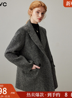dfvc灰色通勤西装绵羊毛呢外套女2025年冬季新款短款双面呢子大衣