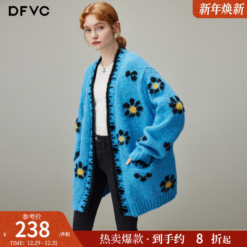 dfvc韩版羊毛中长款V领针织衫女2025年冬季新款花朵开衫毛衣外套