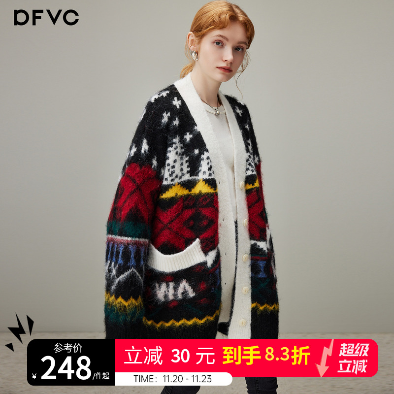 dfvc慵懒风中长款针织开衫女2025年冬季新款费尔岛提花毛衣外套厚
