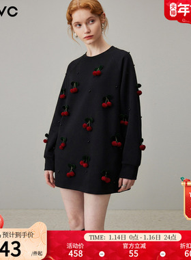 dfvc黑色休闲百搭圆领卫衣女2026年春季新款立体装饰宽松中长上衣