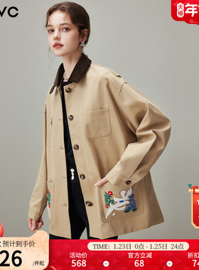 dfvc卡其色复古绣花中长款风衣外套女2025年冬季新款小个子大衣