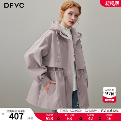 dfvc韩版中长款风衣外套连帽收腰