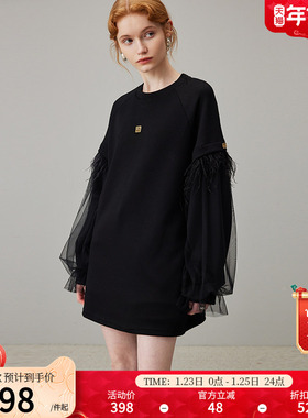 dfvc冬季黑色圆领卫衣裙女2025新款网纱流苏宽松直筒休闲连衣裙子